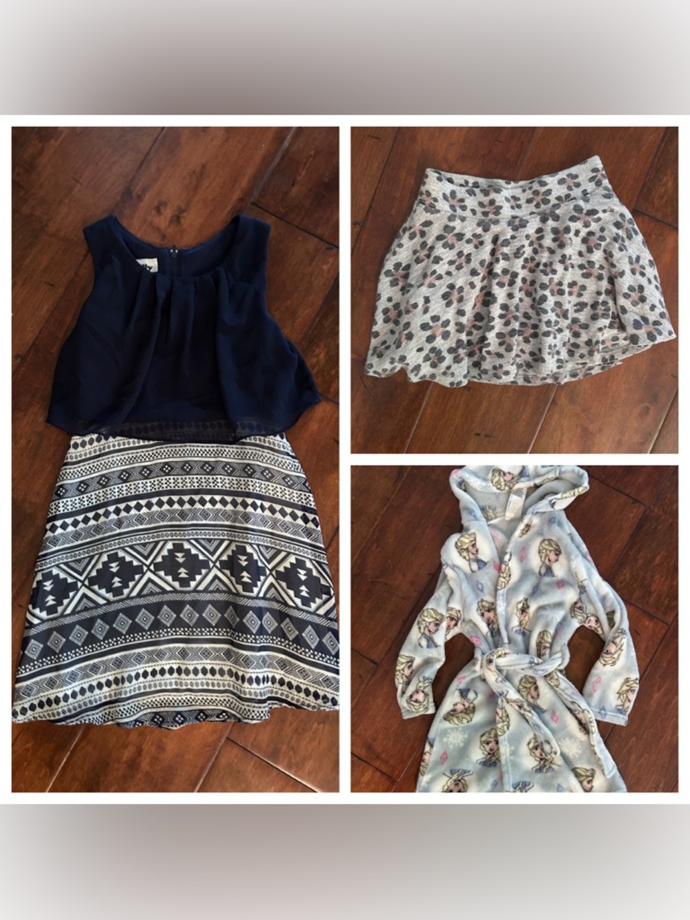 Combo pack! Navy dress (7) + Grey cheetah print skirt (6) + Frozen robe (6)